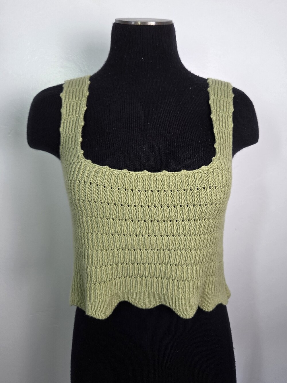 Böhme Green Crochet Knit Cropped Tank Top Camisole Wool Blend Square Neck Small